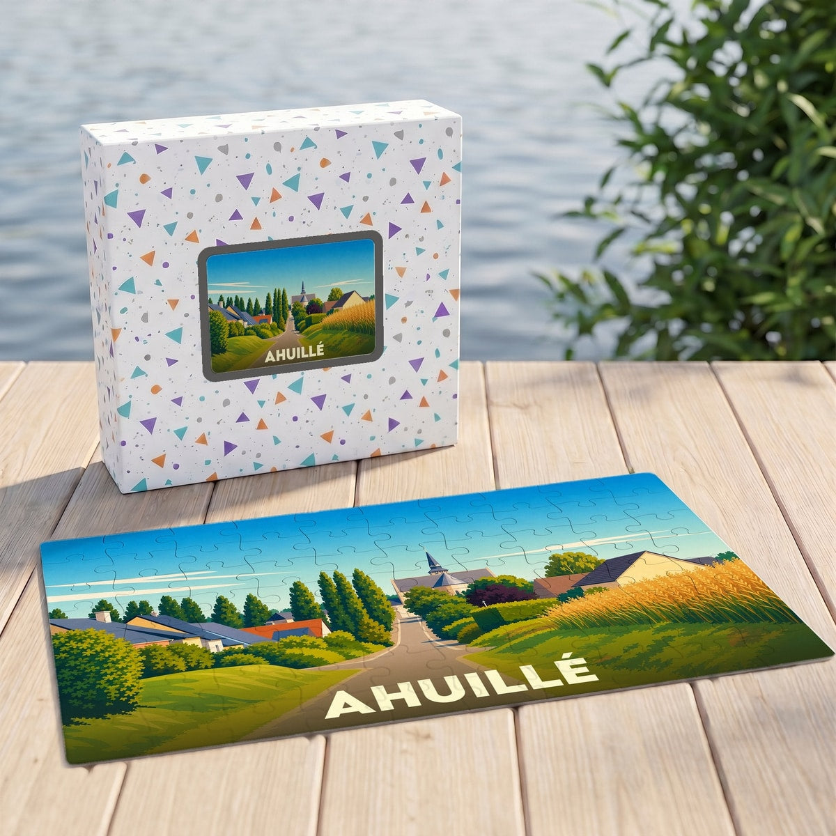 Puzzle souvenir de la ville d'Ahuillé illustrant un paysage de campagne stylisé.