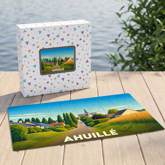 Puzzle souvenir de la ville d'Ahuillé illustrant un paysage de campagne stylisé.
