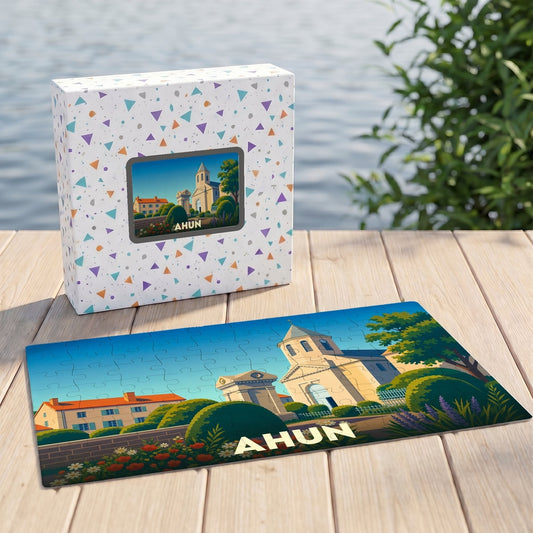 Puzzle souvenir de la ville d'Ahun avec une illustration stylisée et colorée de son église.