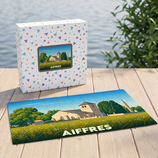 Puzzle souvenir de la ville d'Aiffres avec une illustration stylisée et colorée de son patrimoine.