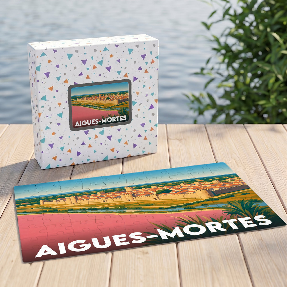 Puzzle souvenir de la ville d'Aigues-Mortes avec une illustration stylisée et colorée.