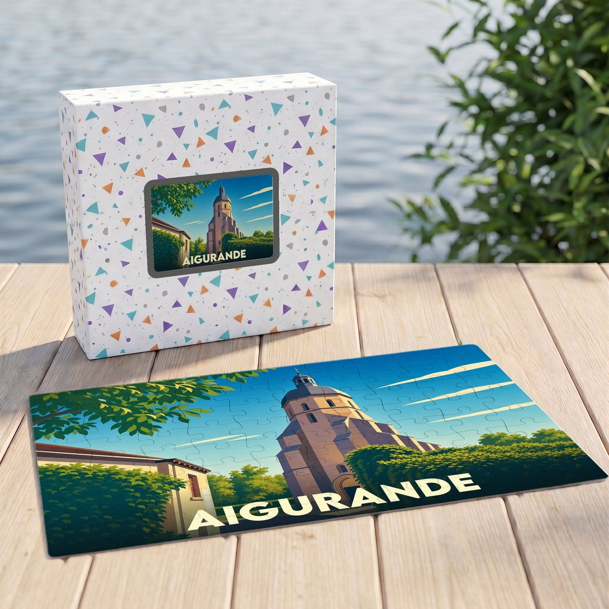 Puzzle souvenir de la ville d'Aigurande avec une illustration stylisée d'un monument historique.