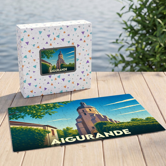 Puzzle souvenir de la ville d'Aigurande avec une illustration stylisée d'un monument historique.