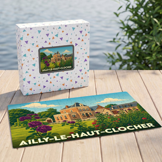 Puzzle souvenir de la ville d'Ailly-le-Haut-Clocher illustrant une grande demeure bourgeoise entourée de fleurs.