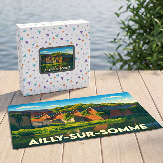 Puzzle souvenir de la ville d'Ailly-sur-Somme avec son illustration stylisée et sa boîte assortie.