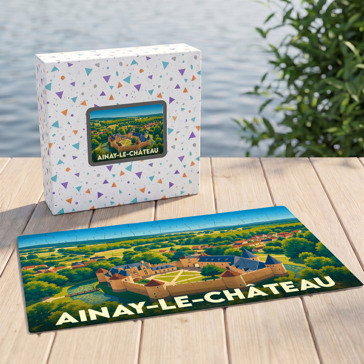 Puzzle souvenir de la ville de Ainay-le-Château avec une illustration stylisée de son château et de son paysage.