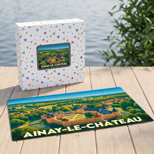 Puzzle souvenir de la ville de Ainay-le-Château avec une illustration stylisée de son château et de son paysage.