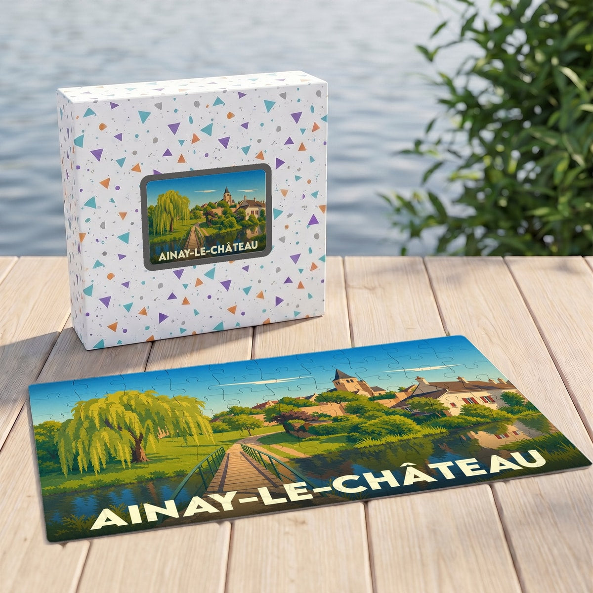 Puzzle souvenir de la ville d'Ainay-le-Château avec une illustration stylisée et colorée.