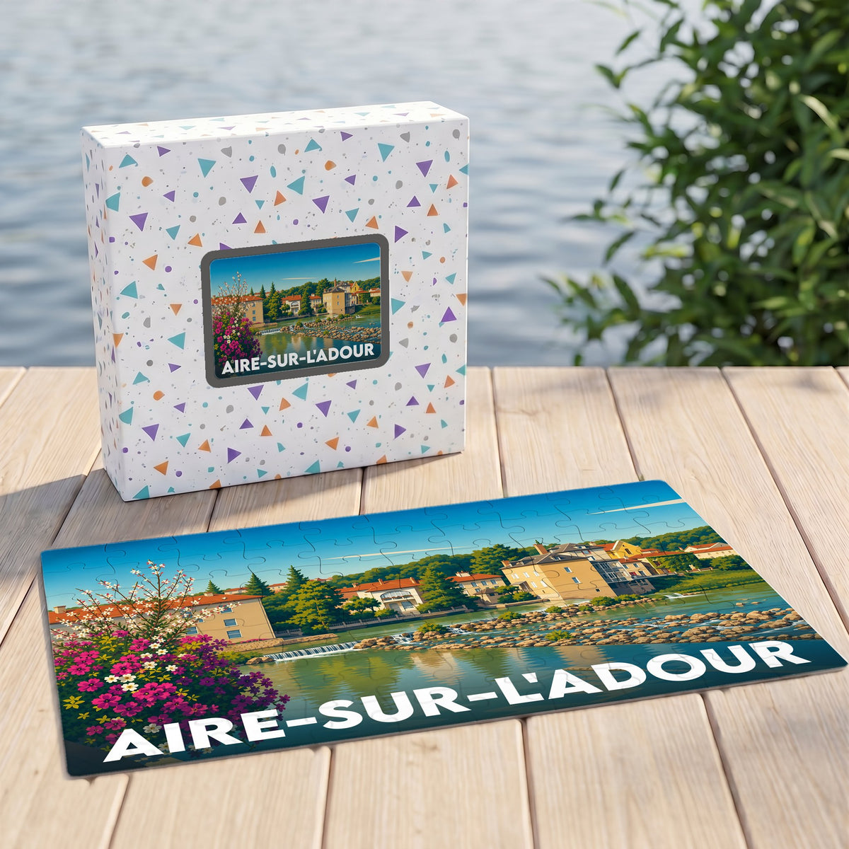 Puzzle souvenir de la ville d'Aire-sur-l'Adour avec une illustration colorée de ses quais.