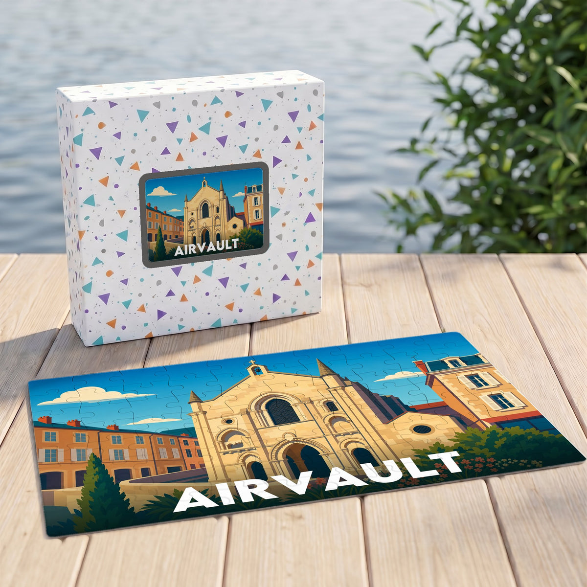 Puzzle souvenir de la ville d'Airvault avec une illustration stylisée de son église abbatiale.
