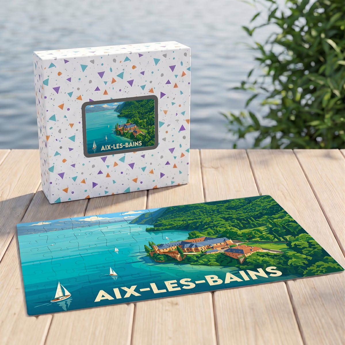 Puzzle souvenir de la ville d'Aix-les-Bains avec une illustration stylisée du lac et de l'abbaye d'Hautecombe.
