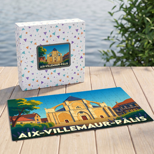 Puzzle souvenir de la ville d'Aix-Villemaur-Pâlis avec une illustration stylisée de son église collégiale.
