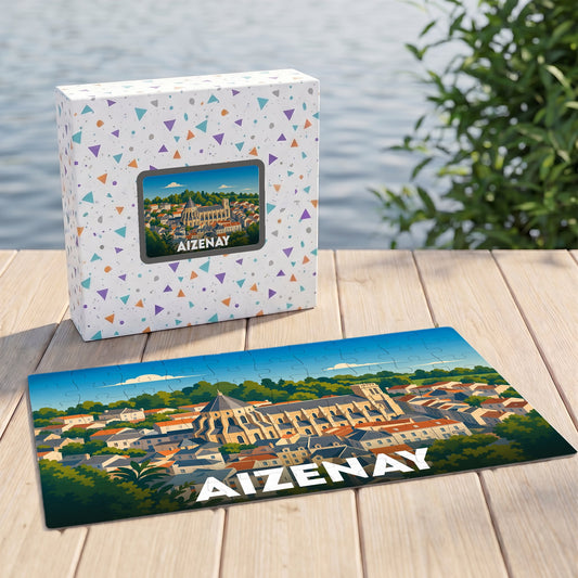 Puzzle souvenir de la ville d'Aizenay présentant une illustration stylisée et colorée de son patrimoine architectural.