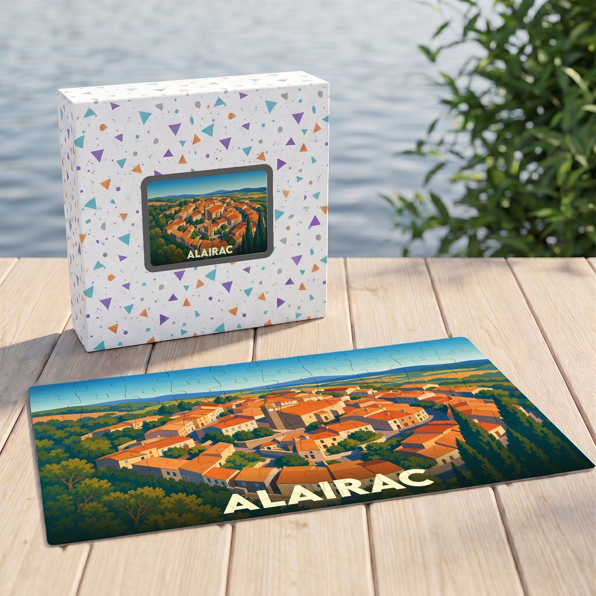 Puzzle souvenir de la ville d'Alairac avec une illustration stylisée d'un village circulaire.
