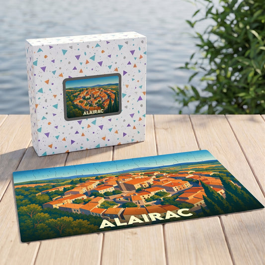 Puzzle souvenir de la ville d'Alairac avec une illustration stylisée d'un village circulaire.