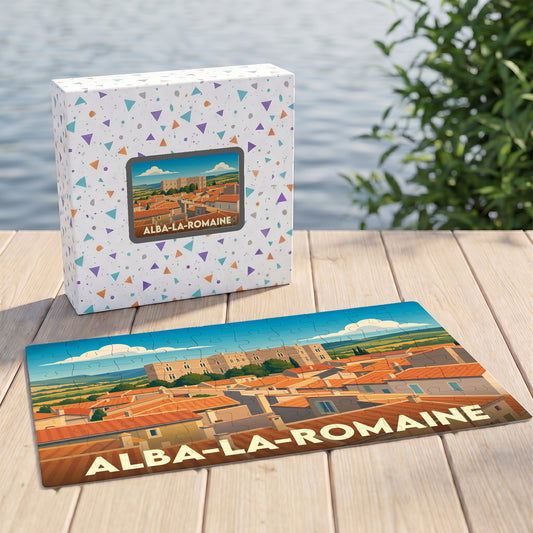 Puzzle souvenir de la ville de Alba-la-Romaine avec une illustration stylisée de ses toits et de son château.