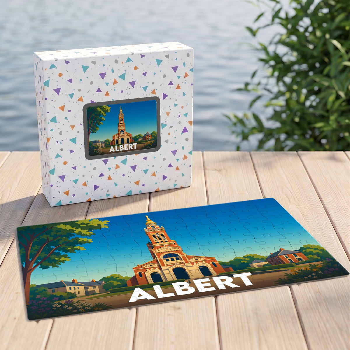 Puzzle souvenir de la ville d'Albert avec une illustration stylisée de sa basilique.