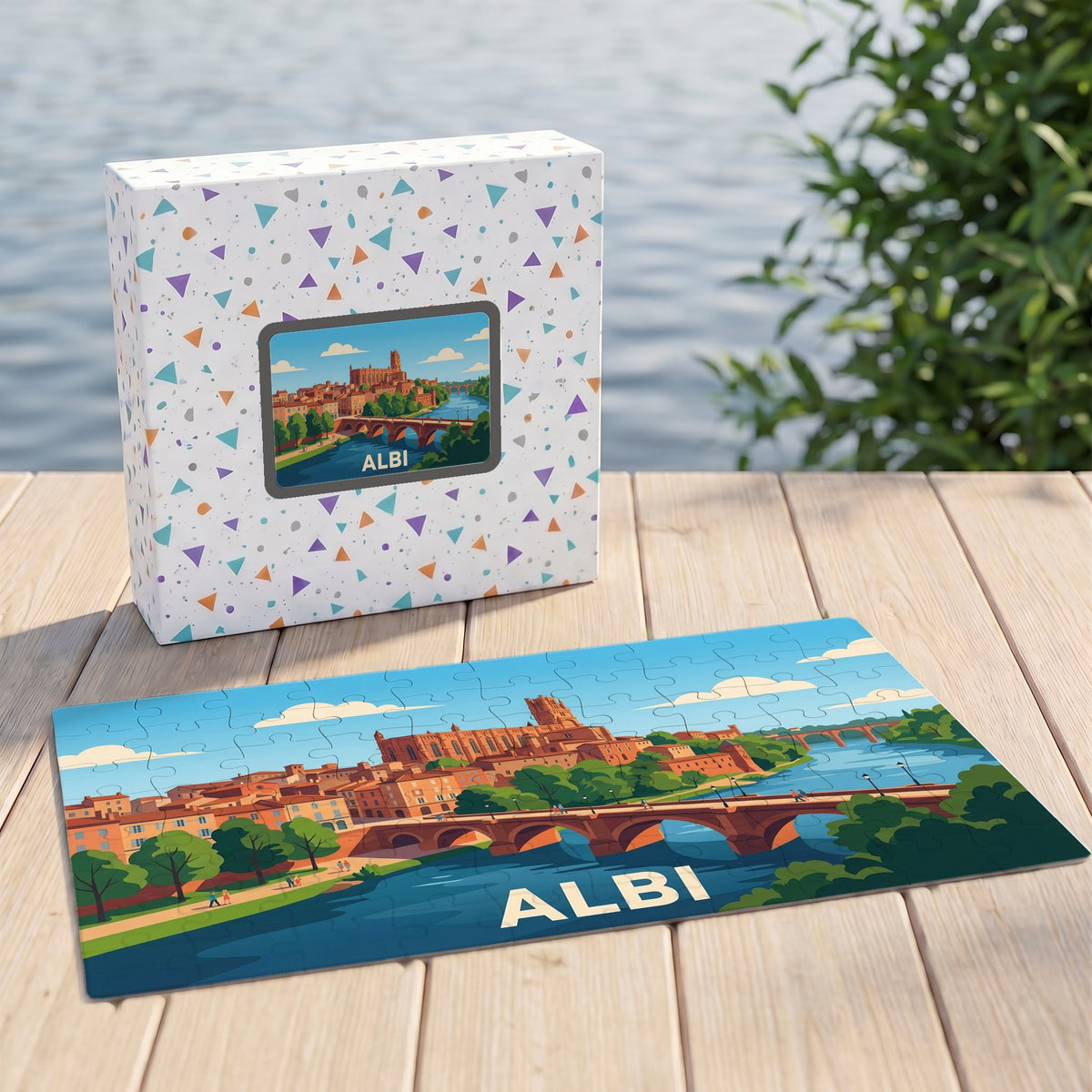 Puzzle souvenir de la ville d'Albi avec une illustration stylisée de son pont et de sa cathédrale.