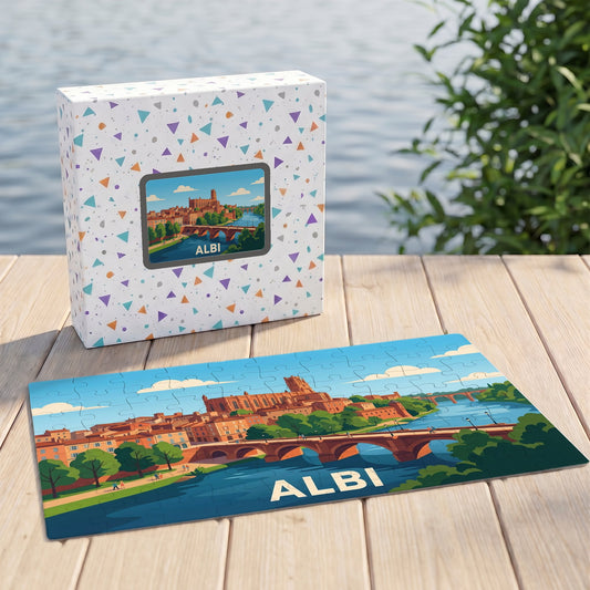 Puzzle souvenir de la ville d'Albi avec une illustration stylisée de son pont et de sa cathédrale.