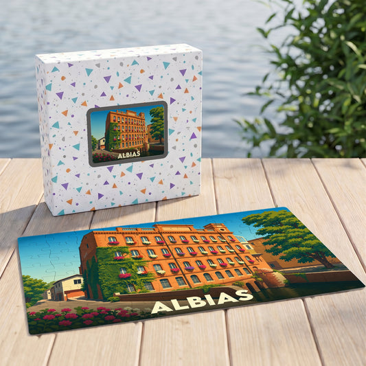 Puzzle souvenir de la ville d'Albias avec une illustration stylisée d'un bâtiment historique au bord de l'eau.