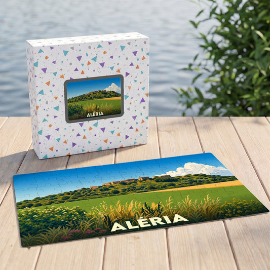 Puzzle souvenir de la ville d'Aléria avec une illustration stylisée de son paysage vallonné.