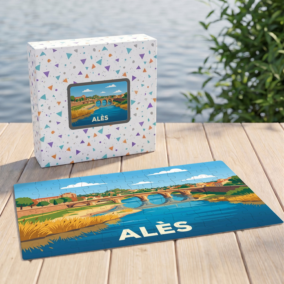 Puzzle souvenir de la ville d'Alès illustré par un paysage stylisé du Gardon et de son pont.