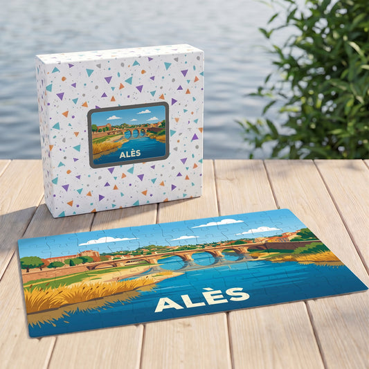 Puzzle souvenir de la ville d'Alès illustré par un paysage stylisé du Gardon et de son pont.