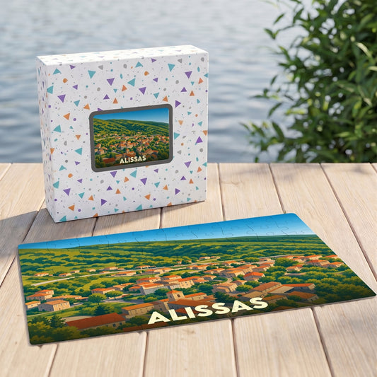 Puzzle souvenir de la ville d'Alissas présentant une illustration stylisée et colorée de ses paysages.