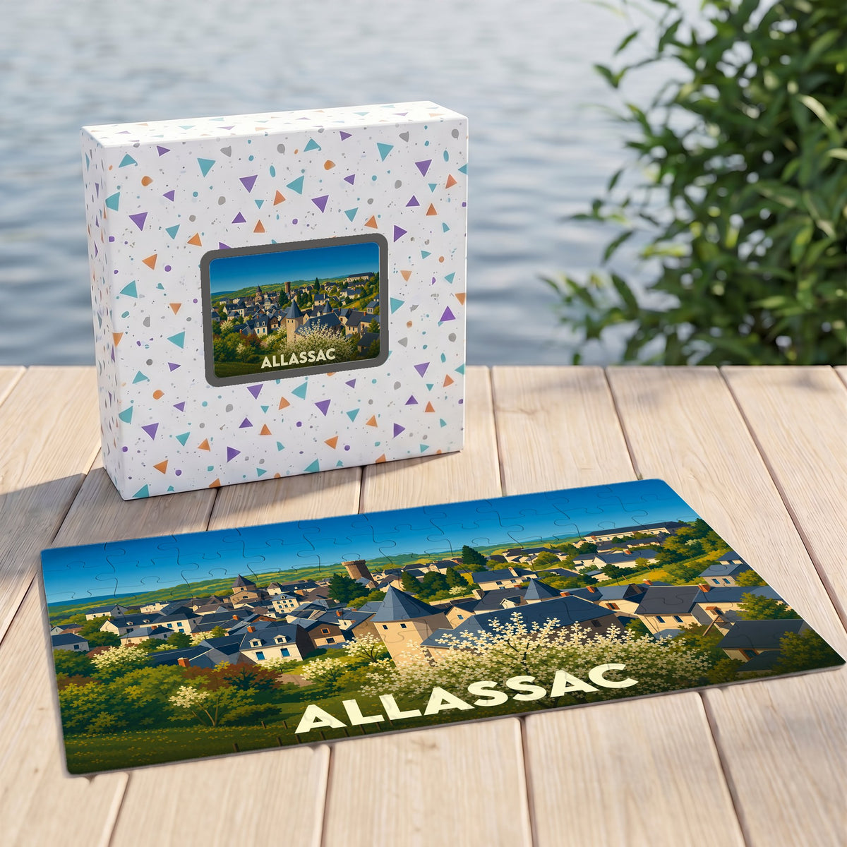 Puzzle souvenir de la ville d'Allassac avec une illustration paysagère stylisée.