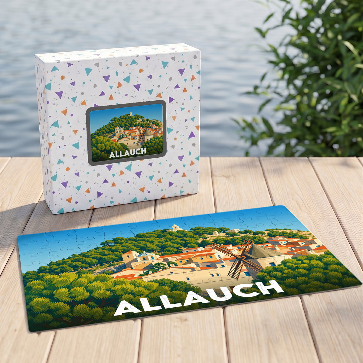 Puzzle souvenir de la ville d'Allauch avec une illustration stylisée d'un village provençal et de son moulin.