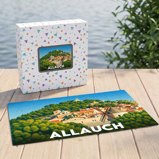 Puzzle souvenir de la ville d'Allauch avec une illustration stylisée d'un village provençal et de son moulin.