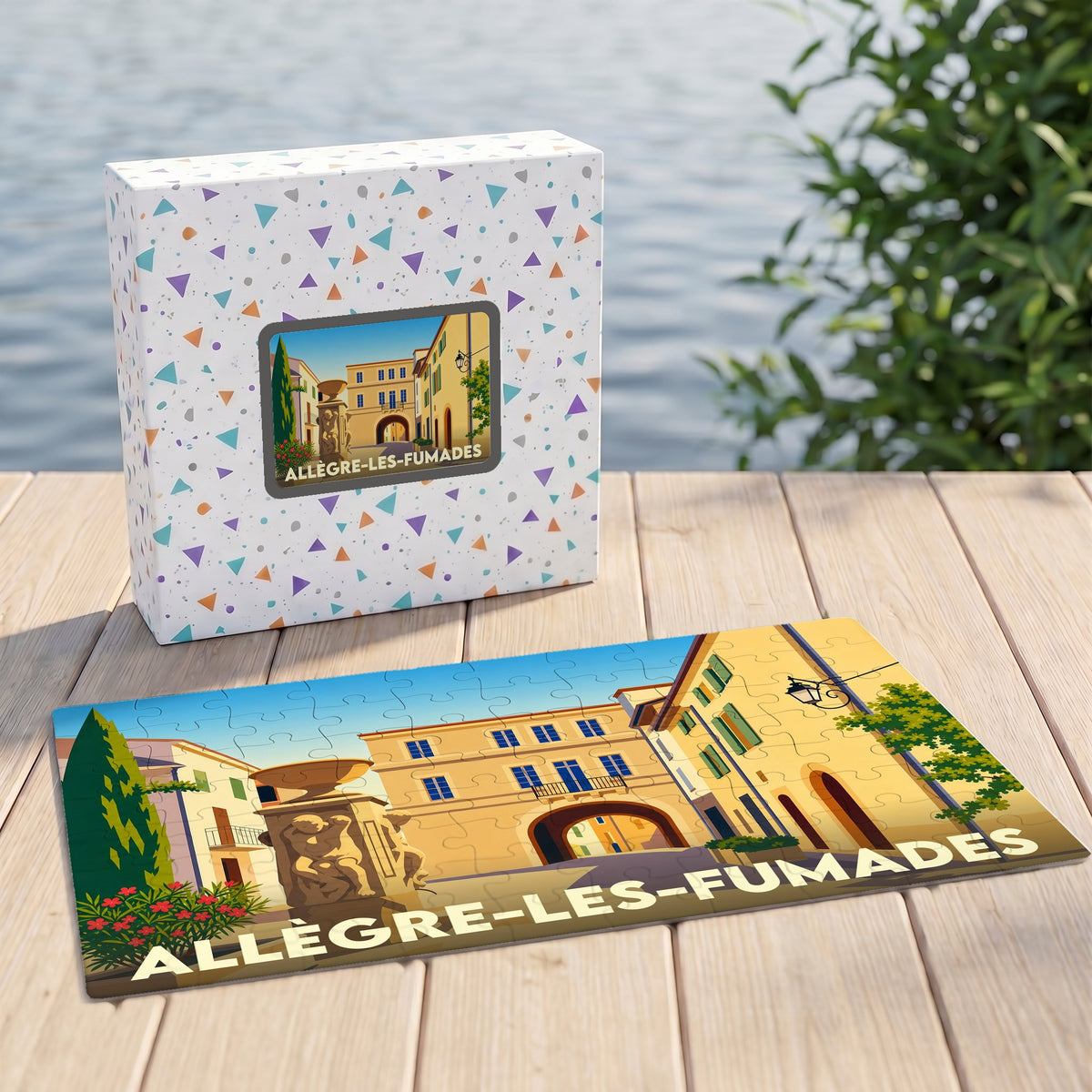 Puzzle souvenir de la ville d'Allègre-les-Fumades avec une illustration stylisée et colorée.