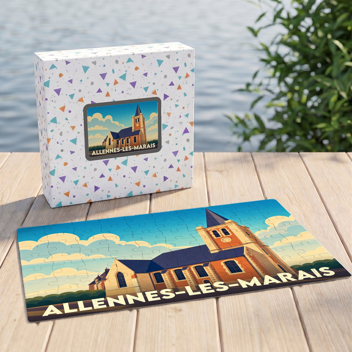Puzzle souvenir de la ville d'Allennes-les-Marais avec une illustration stylisée de son église.