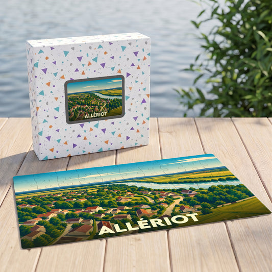 Puzzle souvenir de la ville d'Allériot représentant une vue aérienne illustrée de la commune.