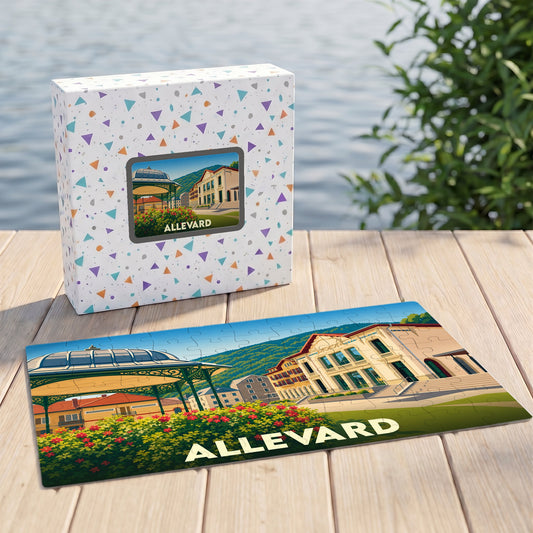 Puzzle souvenir de la ville d'Allevard présentant une illustration colorée et stylisée de son architecture.
