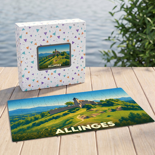 Puzzle souvenir de la ville d'Allinges avec une illustration stylisée d'un château sur une colline.