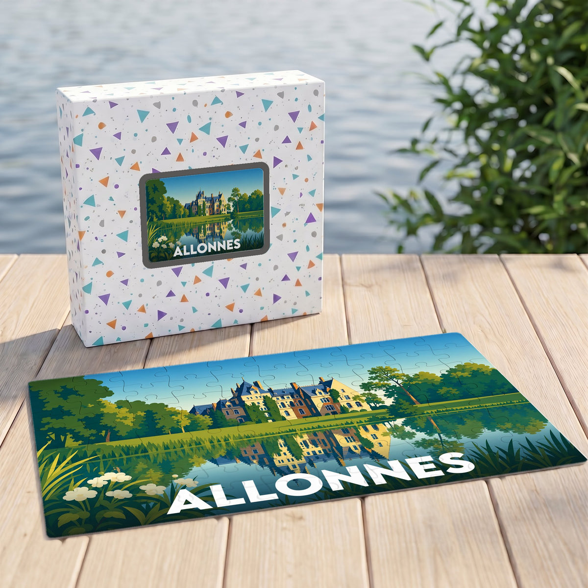 Puzzle souvenir de la ville d'Allonnes avec une illustration stylisée d'un château se reflétant dans l'eau.