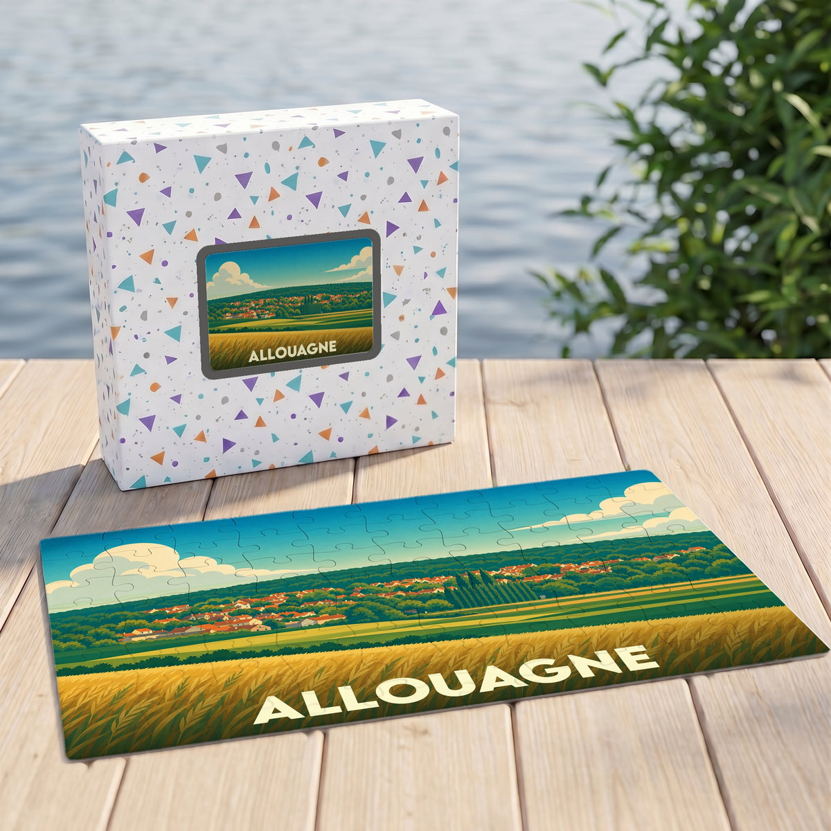 Puzzle souvenir de la ville d'Allouagne avec une illustration stylisée de ses paysages.