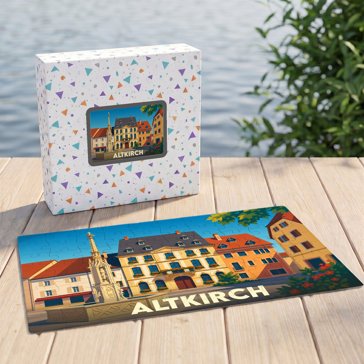 Puzzle souvenir de la ville d'Altkirch avec une illustration stylisée de sa place historique.