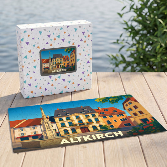 Puzzle souvenir de la ville d'Altkirch avec une illustration stylisée de sa place historique.