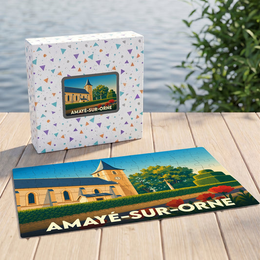 Puzzle souvenir de la ville de Amayé-sur-Orne avec une illustration stylisée de son église et de son paysage.
