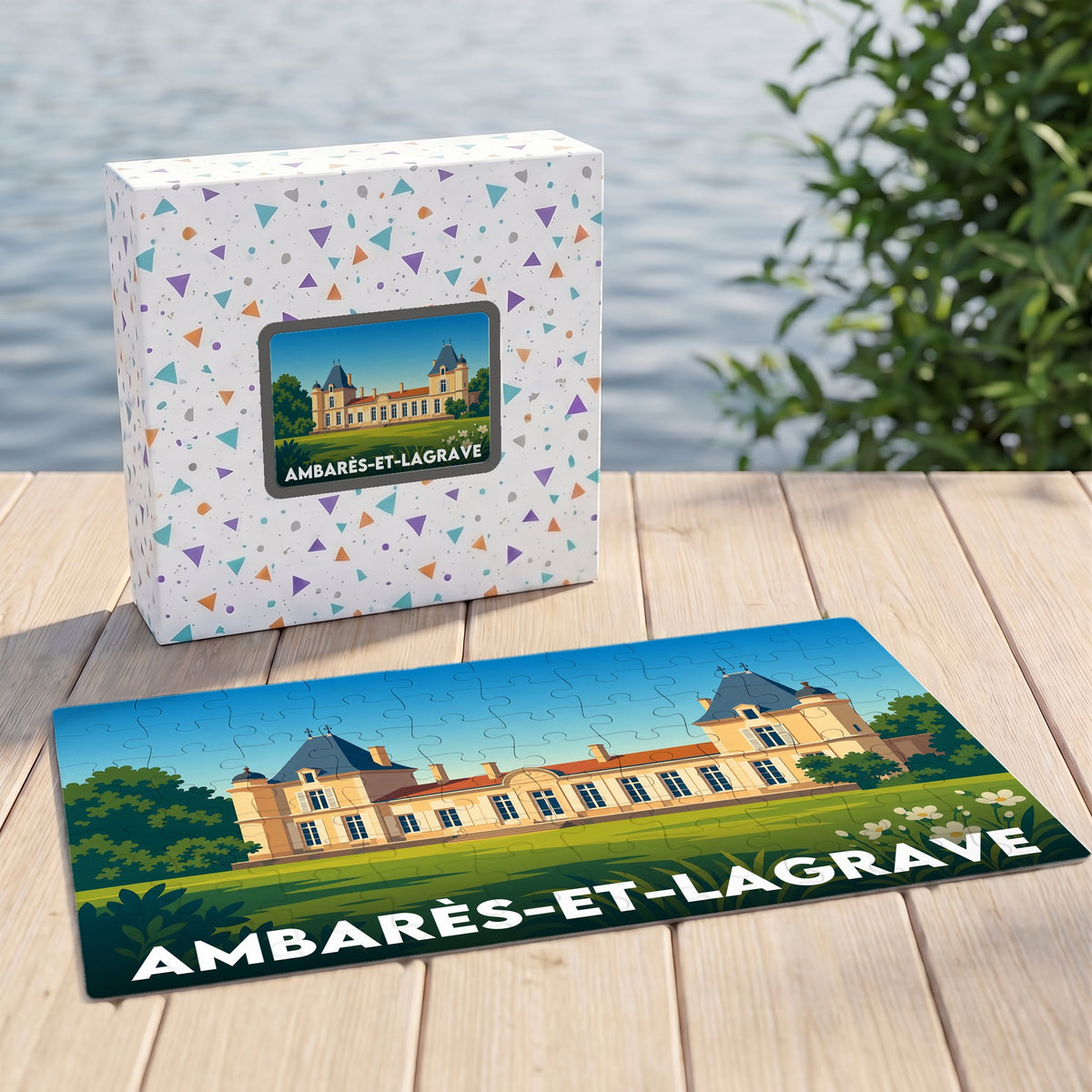 Puzzle souvenir de la ville d'Ambarès-et-Lagrave avec son boîte, illustrant un château stylisé dans un paysage verdoyant.