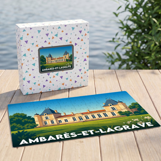 Puzzle souvenir de la ville d'Ambarès-et-Lagrave avec son boîte, illustrant un château stylisé dans un paysage verdoyant.