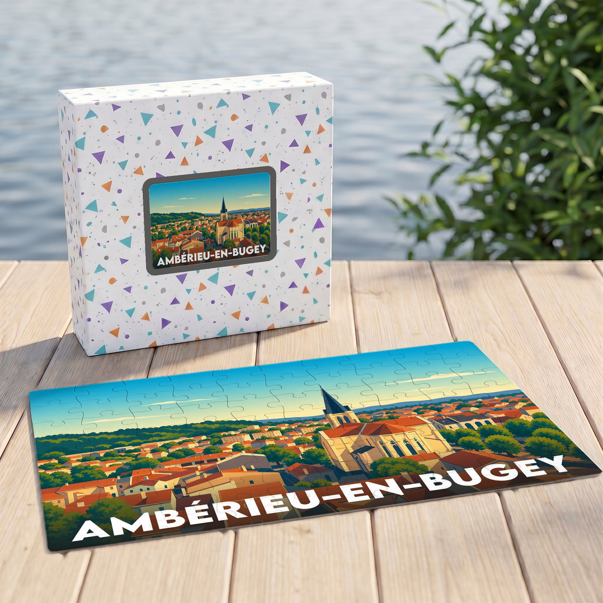 Puzzle souvenir de la ville d'Ambérieu-en-Bugey avec une illustration stylisée et colorée de son paysage urbain.