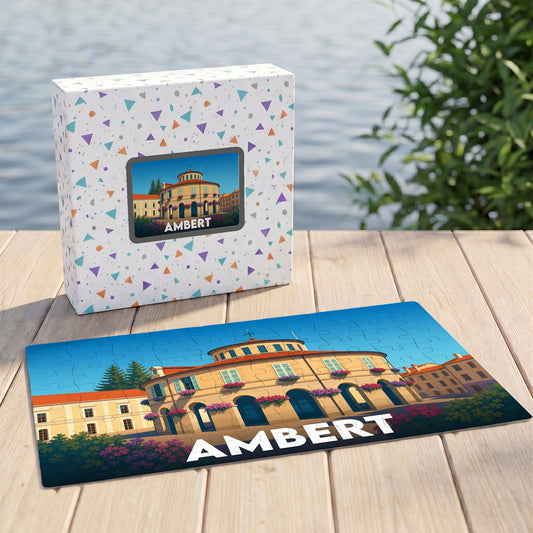 Puzzle souvenir de la ville d'Ambert avec une illustration stylisée de son hôtel de ville circulaire.