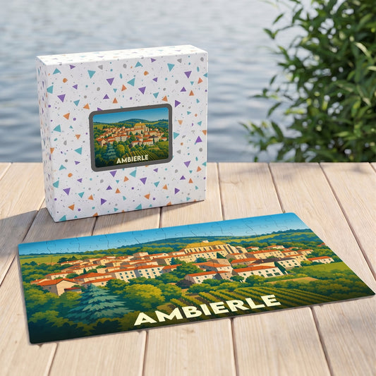 Puzzle souvenir de la ville d'Ambierle avec une illustration stylisée et colorée de ses paysages.