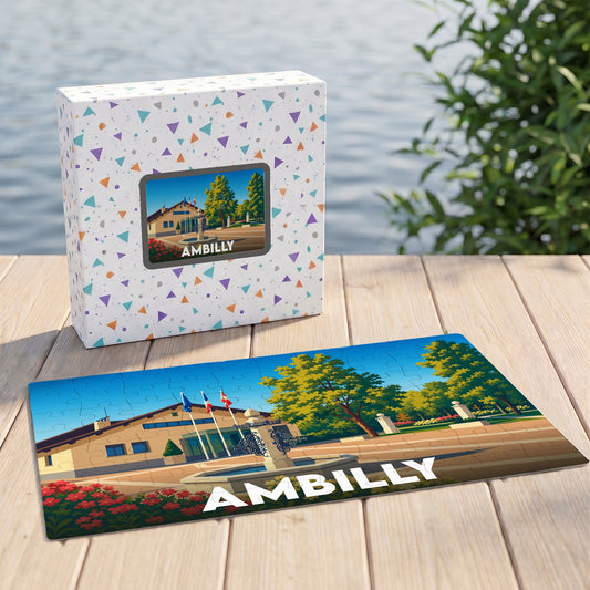 Puzzle souvenir de la ville d'Ambilly avec une illustration stylisée et colorée.