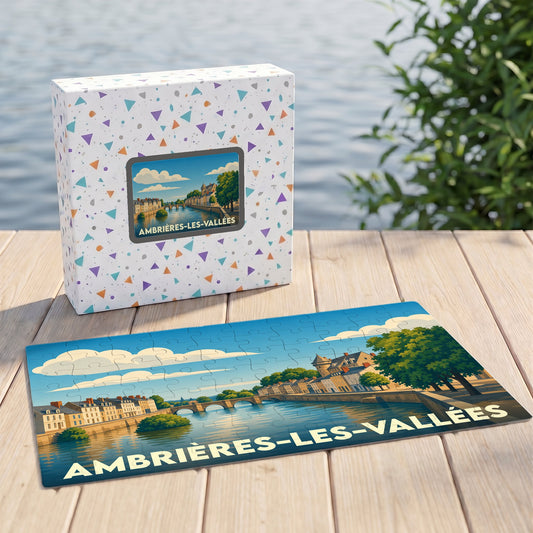 Puzzle souvenir de la ville d'Ambrières-les-Vallées avec une illustration stylisée de ses bords de rivière.