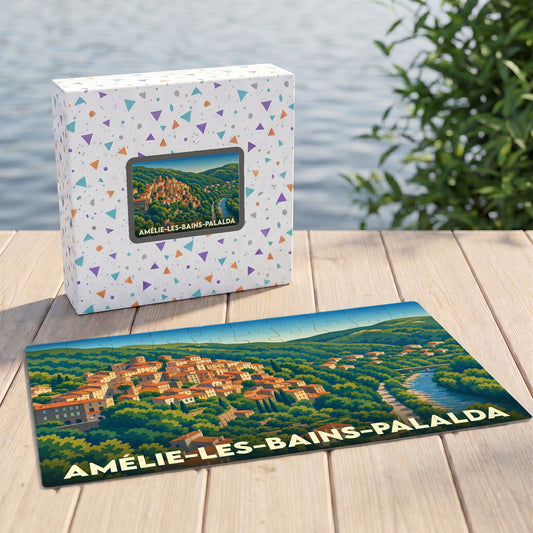 Puzzle souvenir de la ville de Amélie-les-Bains-Palalda avec une illustration stylisée d'un paysage vallonné.
