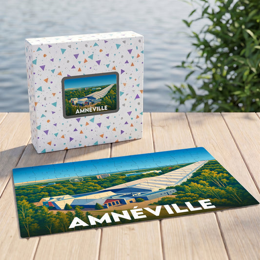 Puzzle souvenir de la ville d'Amnéville avec une illustration stylisée de son complexe de loisirs.